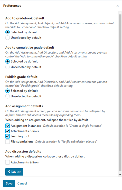 Gradebook preferences menu